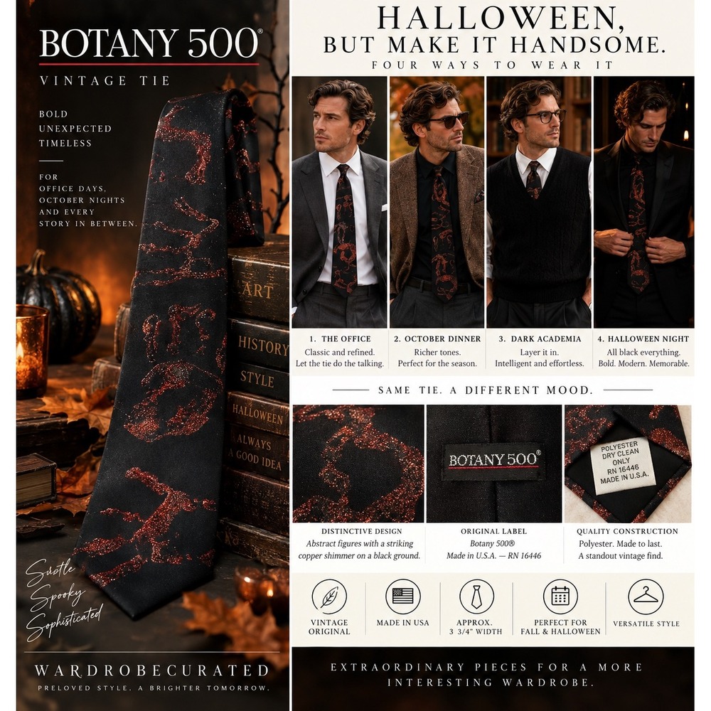Vintage Botany 500 Mens Tie Black Copper Abstract Halloween Made USA 3.75 inch